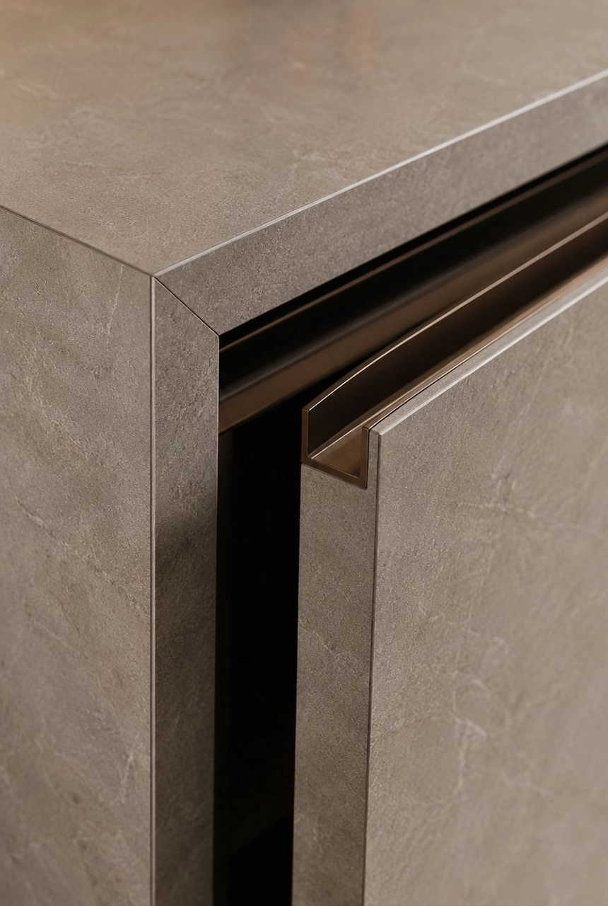 X4 Design and Build stone countertop and cabinet edge detail with shadow gap, dark wood drawer, precise material junction, and luxury fit-out execution